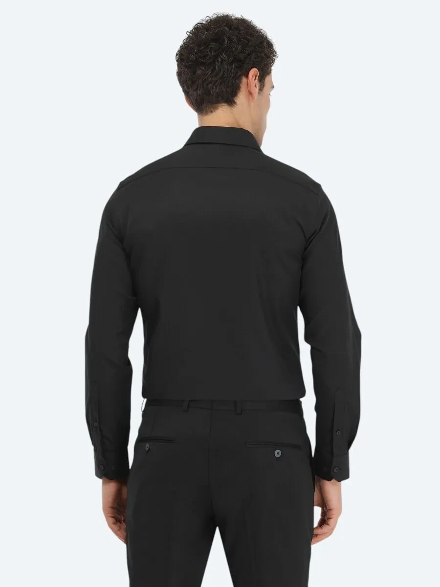 Siyah Düz Slim Fit Dokuma Klasik Pamuk Karışımlı Gömlek - 4
