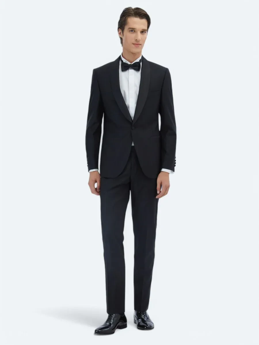 Siyah Düz Slim Fit Şal Yaka Dokuma Smokin Takım Elbise - 2