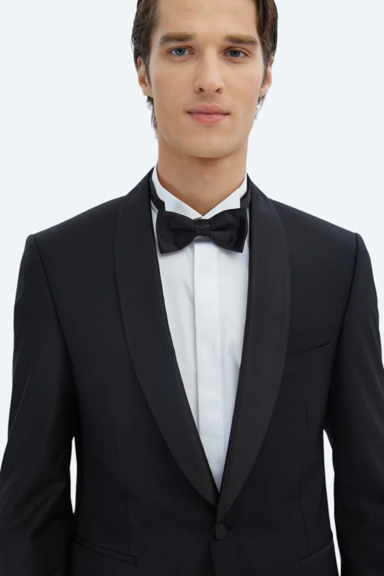 Siyah Düz Slim Fit Şal Yaka Dokuma Smokin Takım Elbise - 3