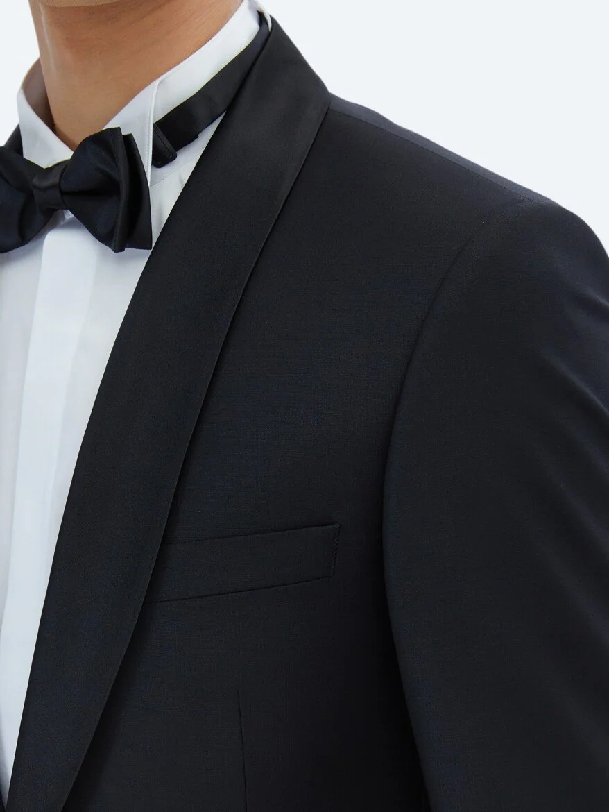 Siyah Düz Slim Fit Şal Yaka Dokuma Smokin Takım Elbise - 4