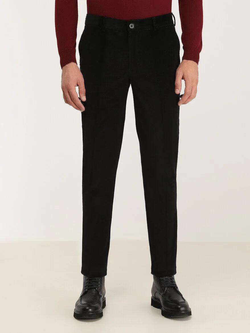 Siyah Fitilli Dokuma Slim Fit Kadife Casual Pamuk Karışımlı Pantolon - 1