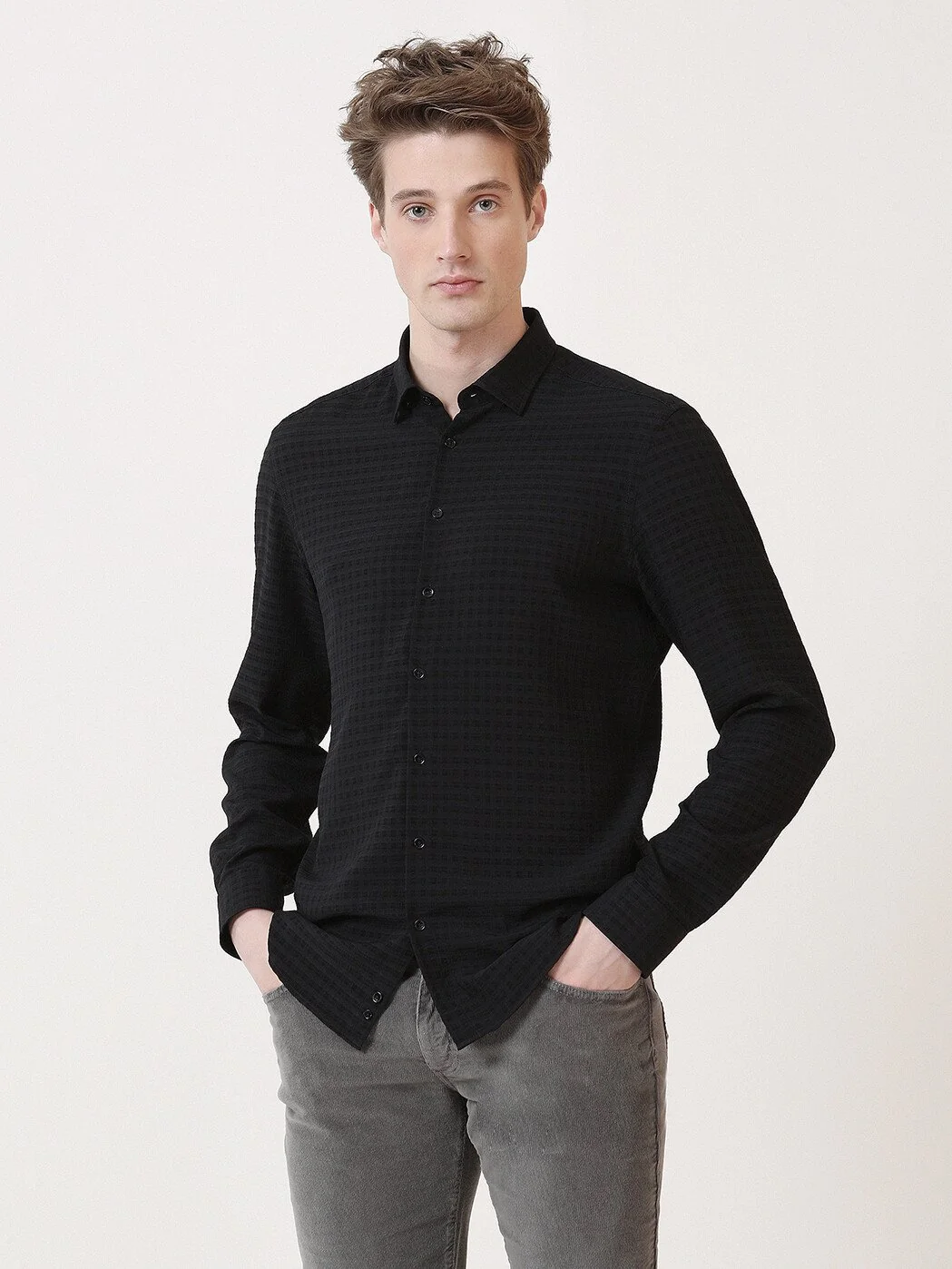 Siyah Kareli Slim Fit Dokuma Casual Gömlek - 1