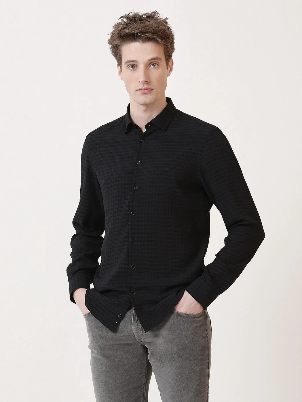 Siyah Kareli Slim Fit Dokuma Casual Gömlek - 1