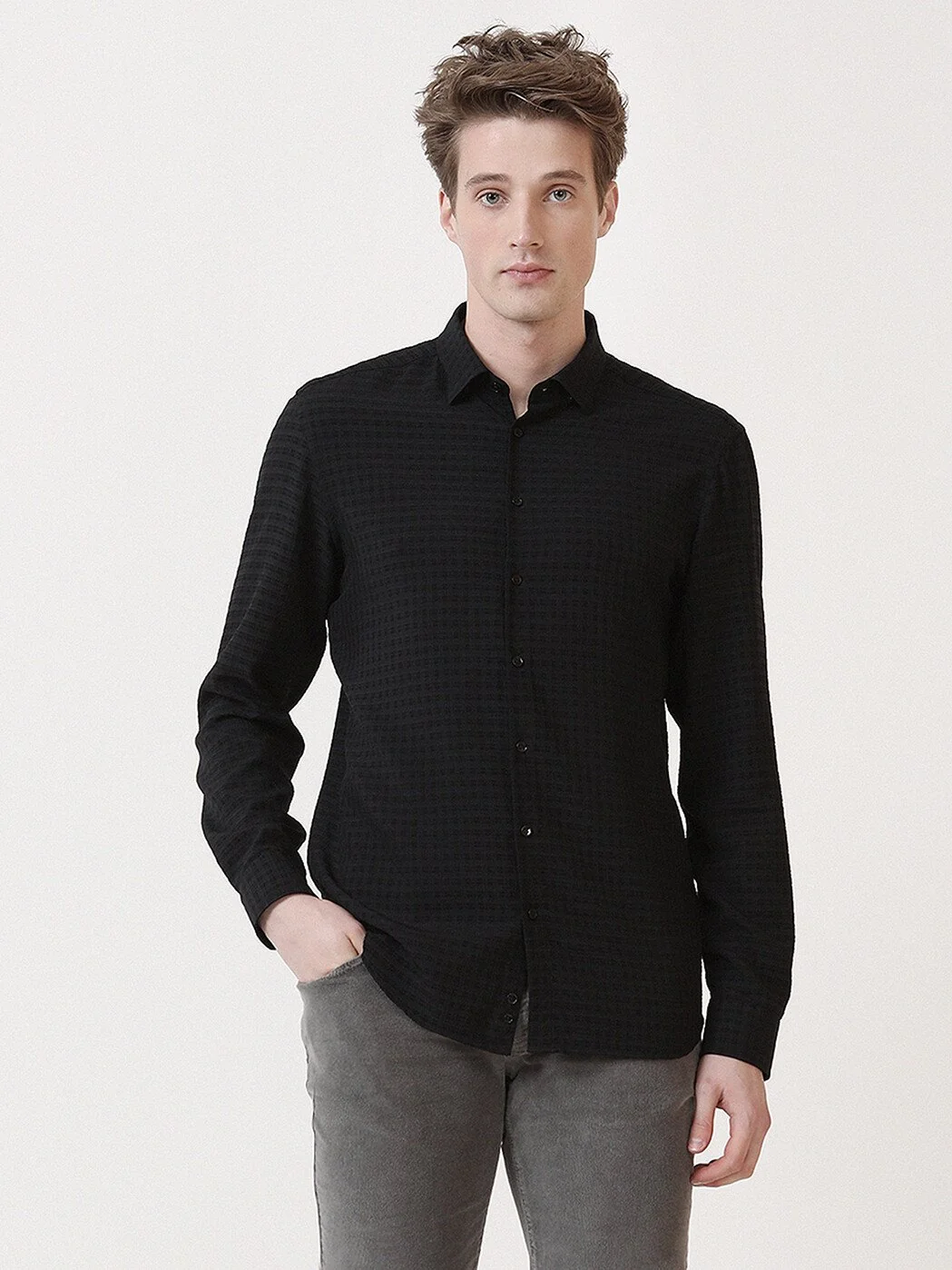 Siyah Kareli Slim Fit Dokuma Casual Gömlek - 2