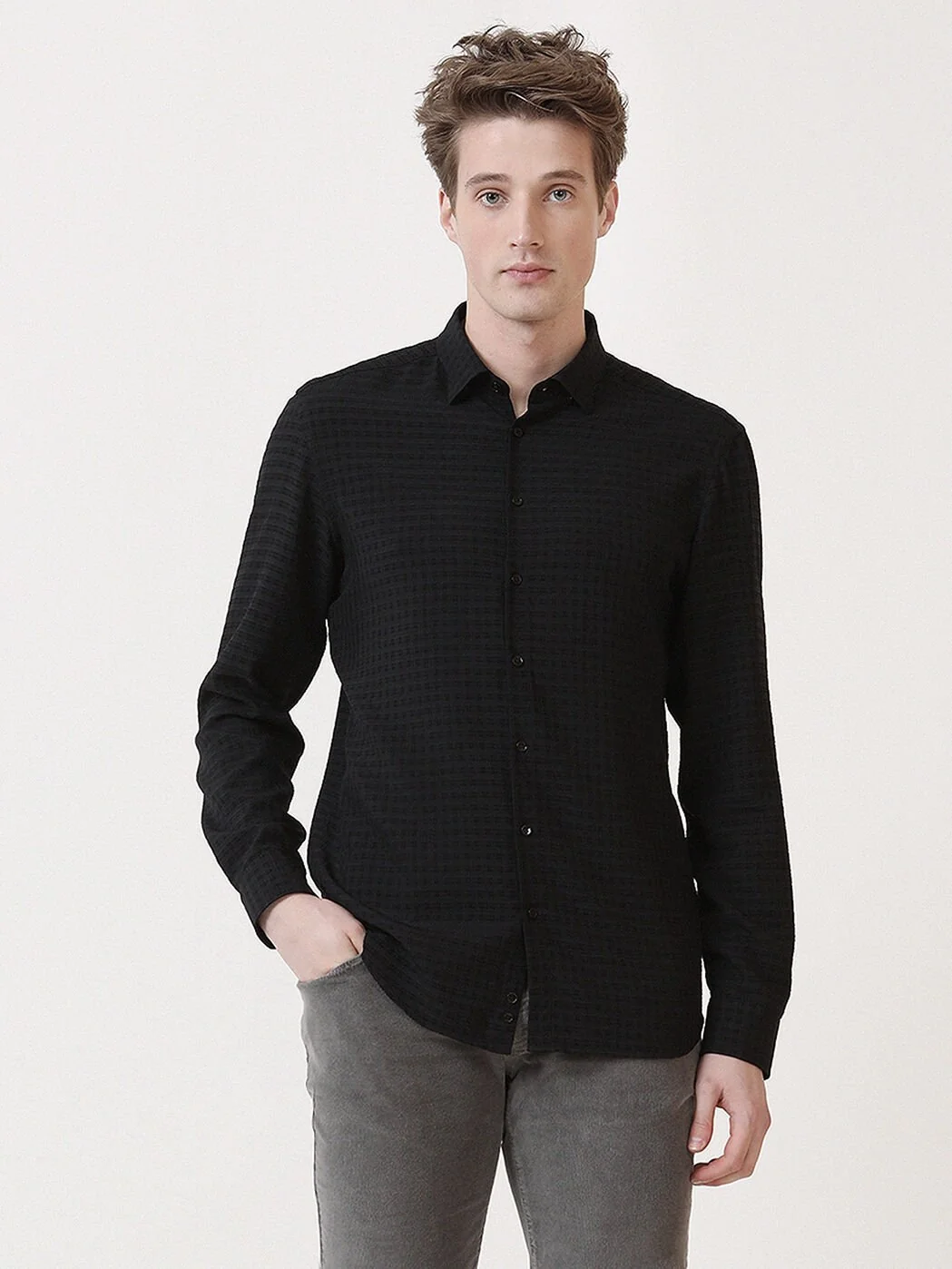 Siyah Kareli Slim Fit Dokuma Casual Gömlek - 2