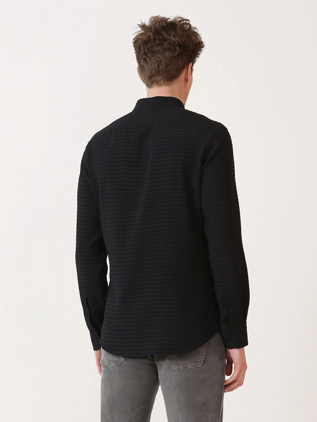 Siyah Kareli Slim Fit Dokuma Casual Gömlek - 4