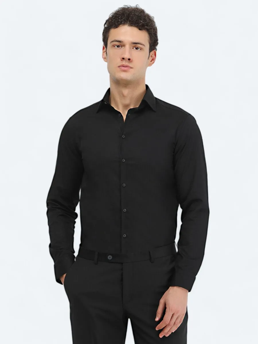 Siyah Mikro Regular Fit Dokuma Klasik %100 Pamuk Gömlek - 1