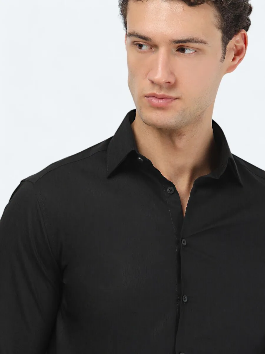 Siyah Mikro Regular Fit Dokuma Klasik %100 Pamuk Gömlek - 3