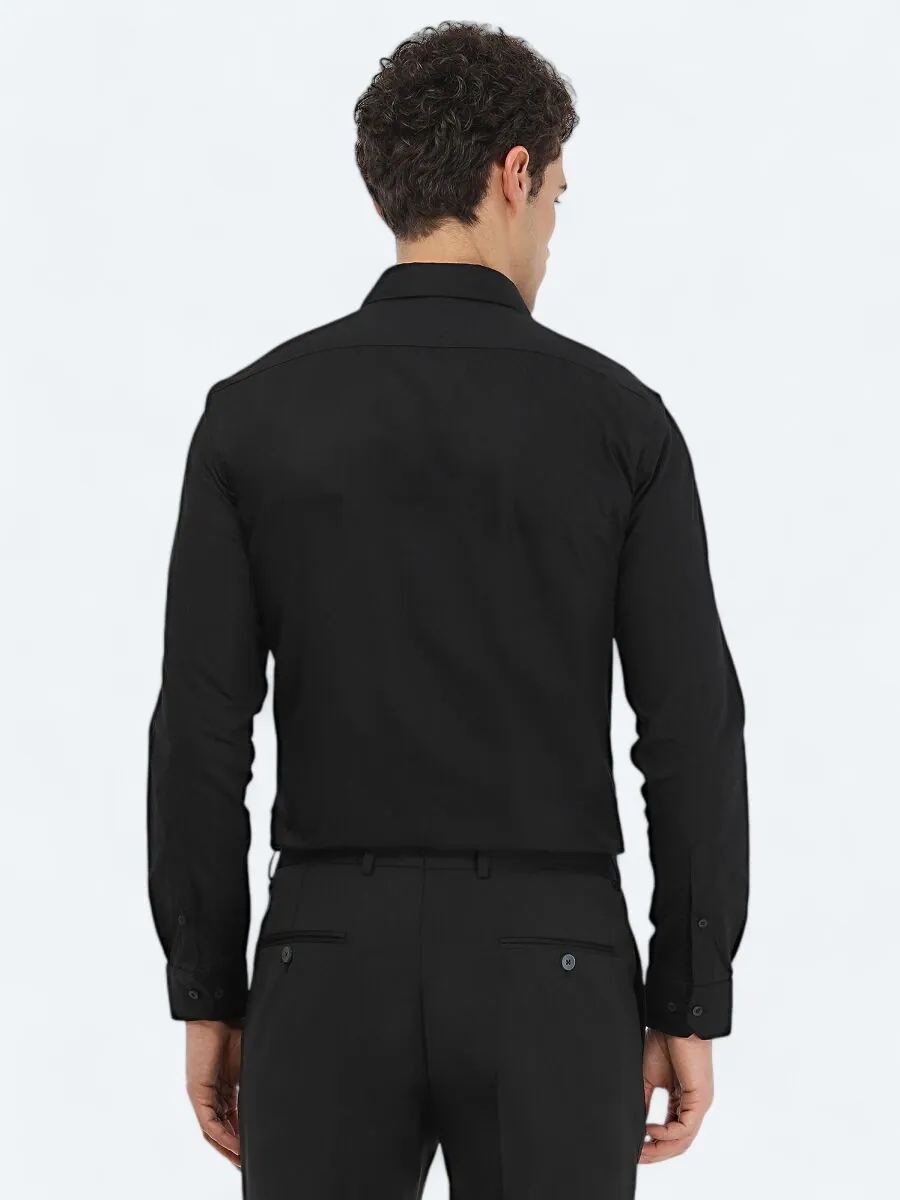 Siyah Mikro Regular Fit Dokuma Klasik %100 Pamuk Gömlek - 4