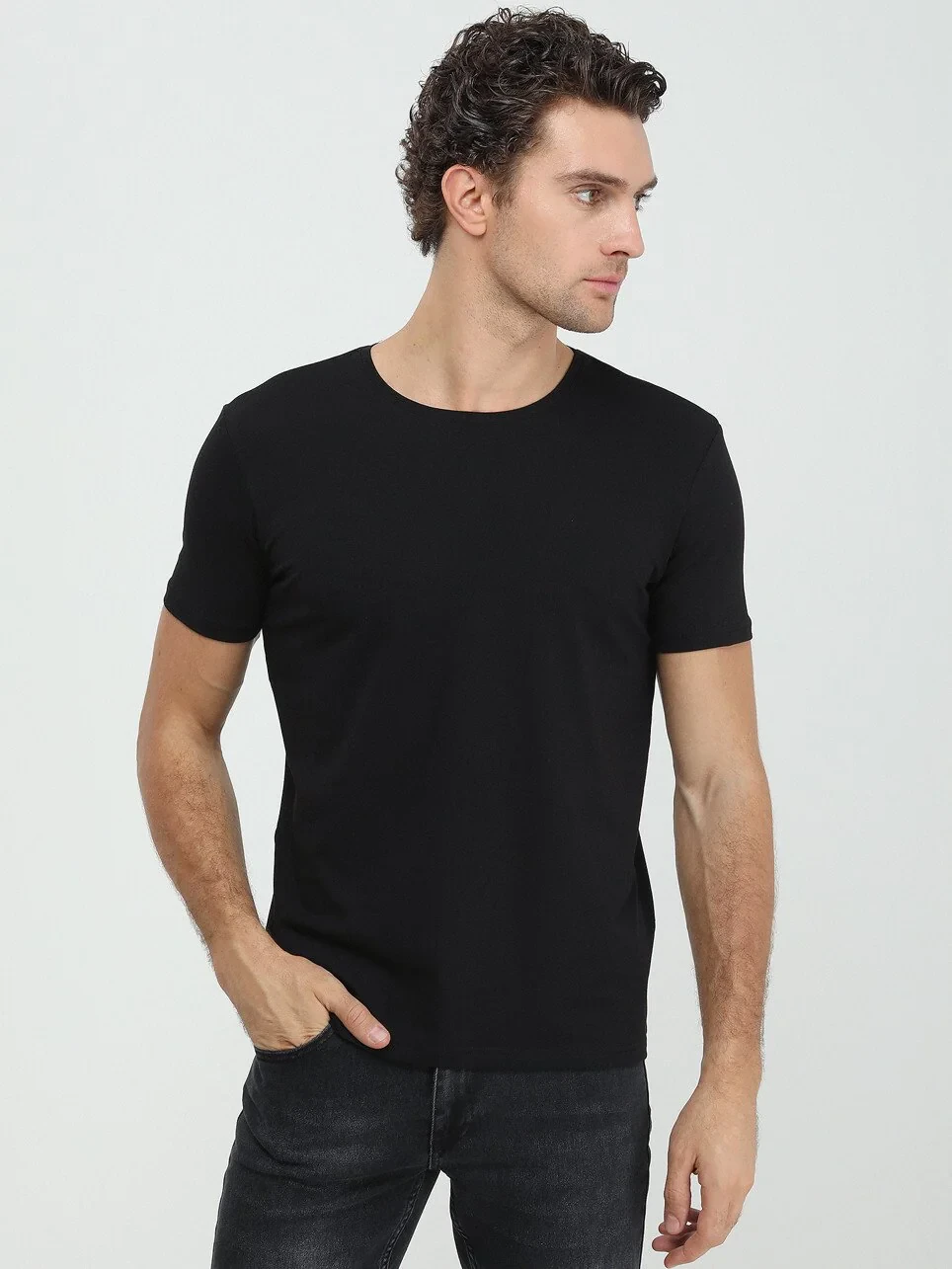 Siyah Pamuk Karışımlı T-Shirt - 2