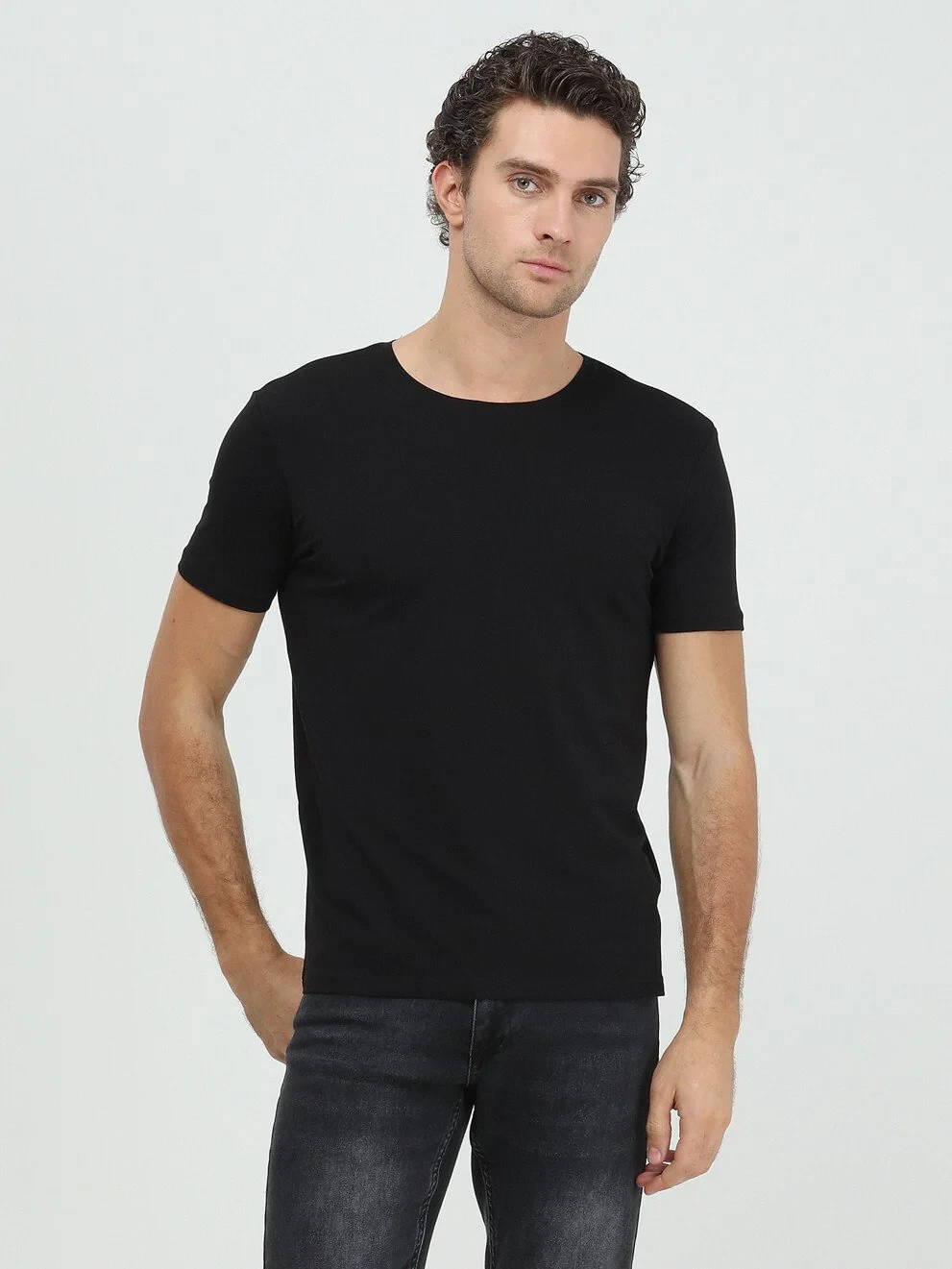 Siyah Pamuk Karışımlı T-Shirt - 4