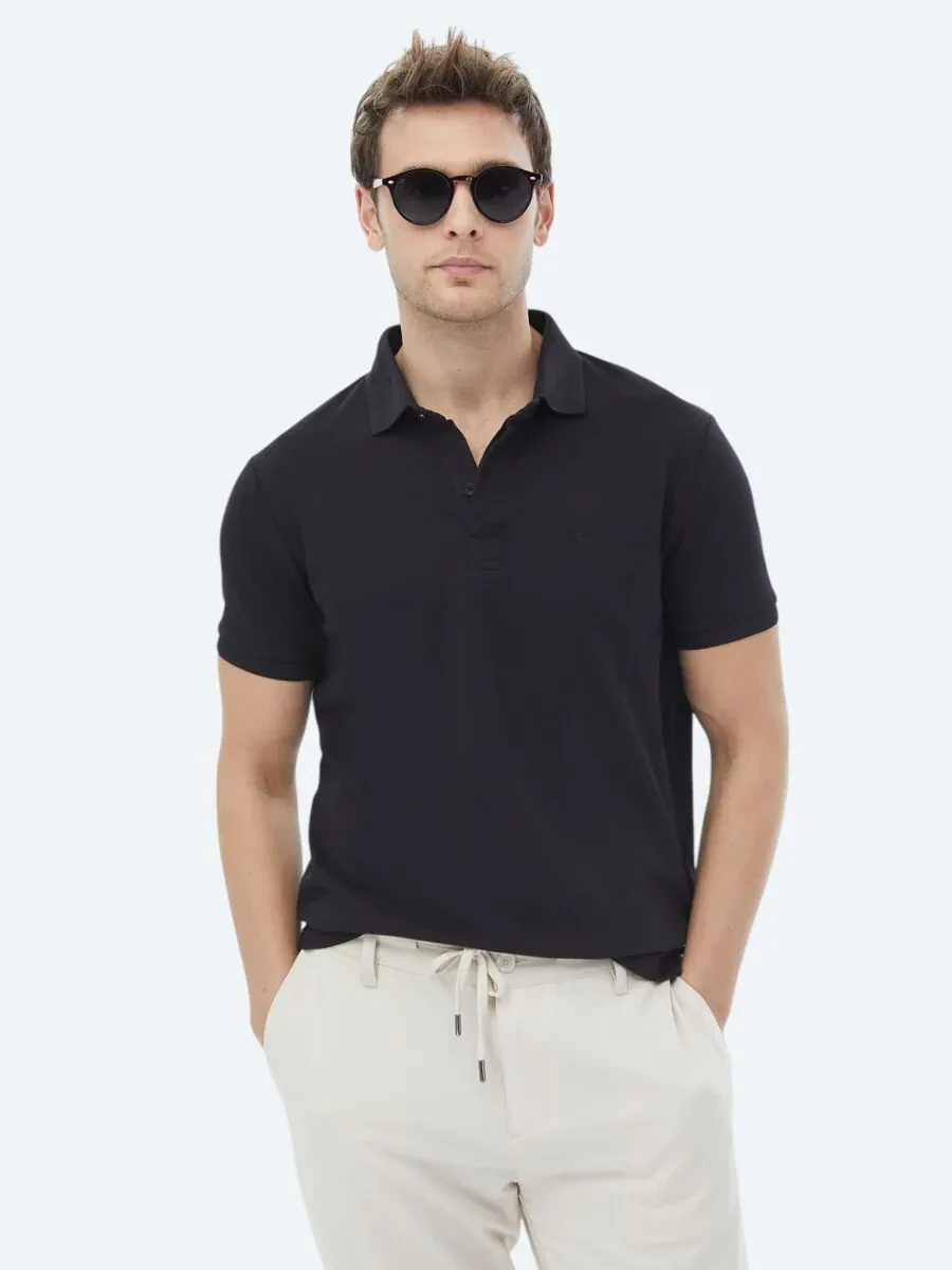 Siyah Polo Yaka %100 Pamuk T-Shirt - 4