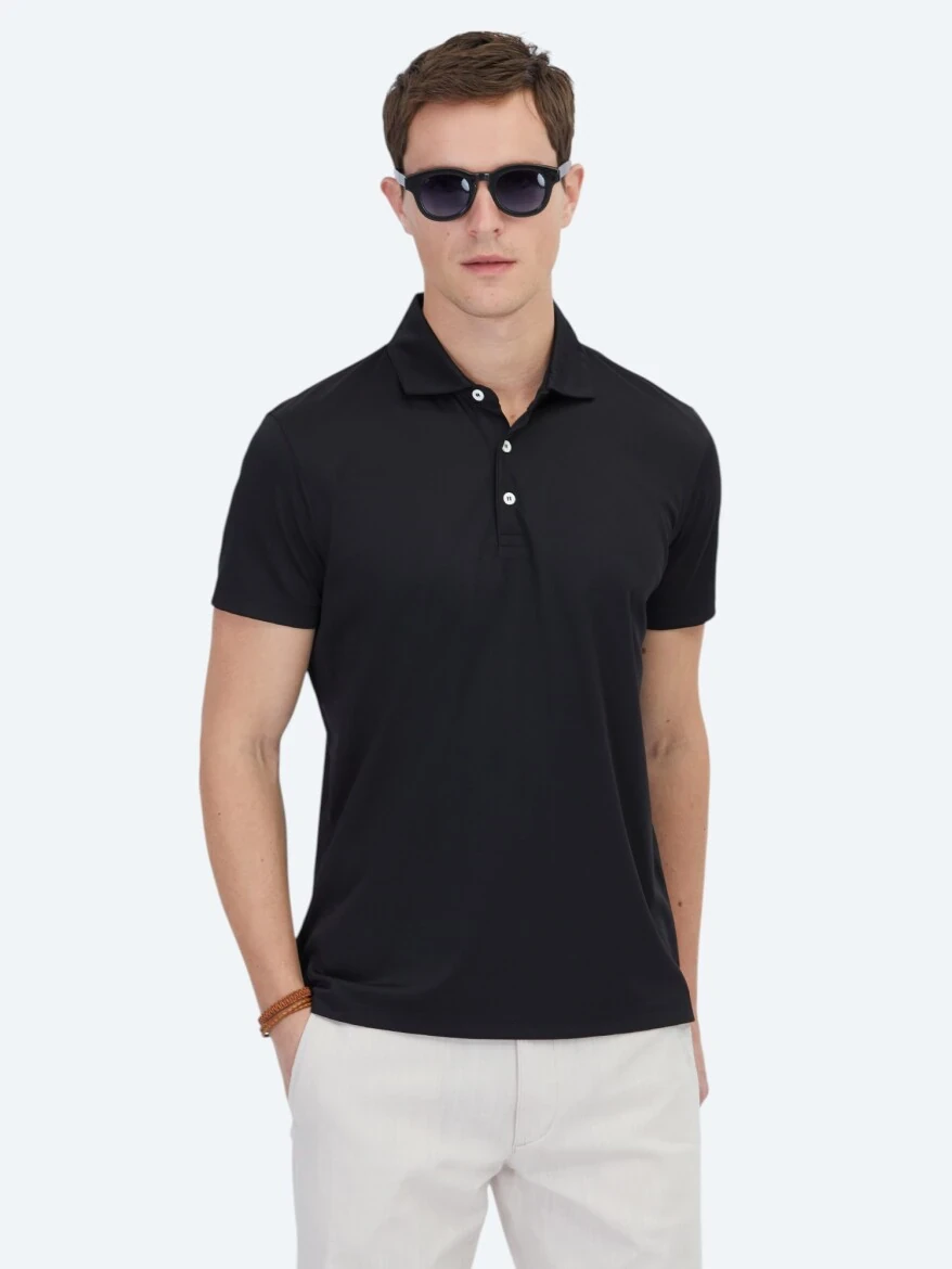 Siyah Polo Yaka Pamuk Karışımlı T-Shirt - 1