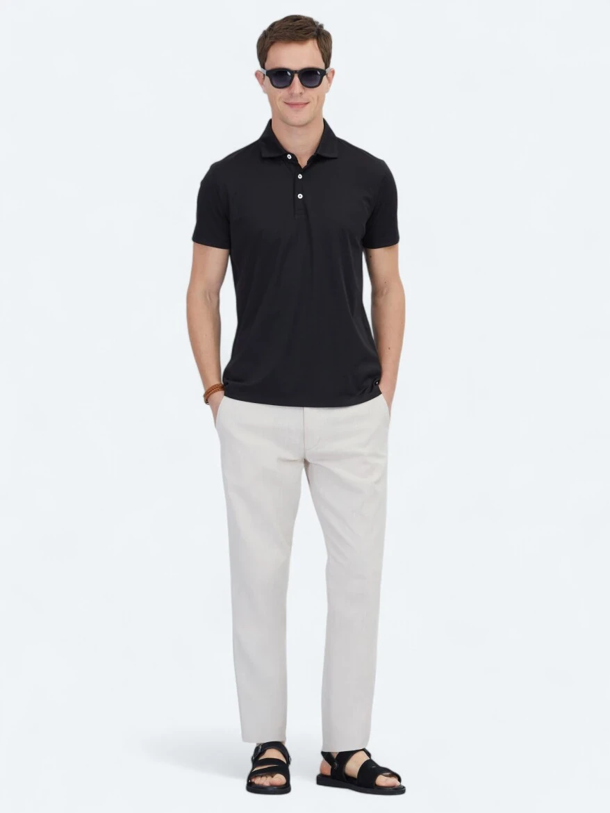 Siyah Polo Yaka Pamuk Karışımlı T-Shirt - 2