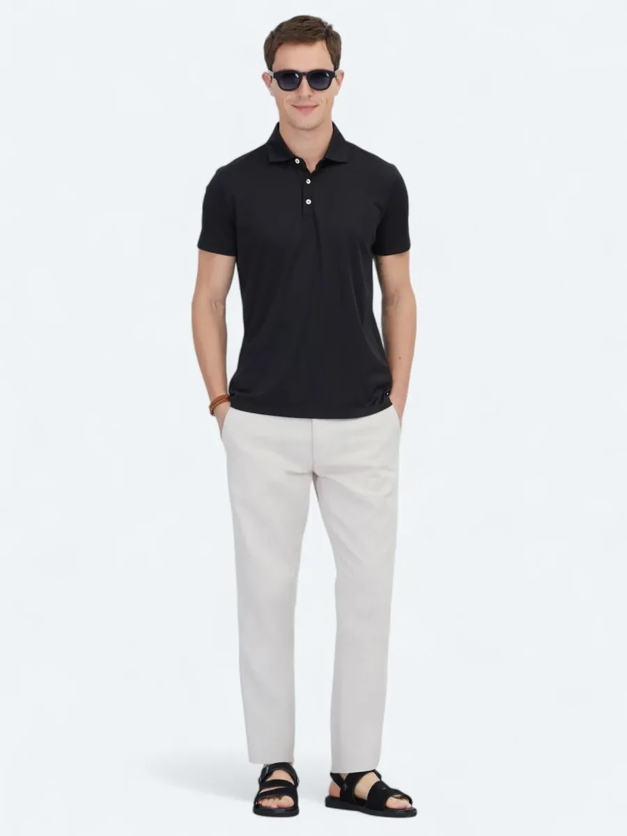 Siyah Polo Yaka Pamuk Karışımlı T-Shirt - 2
