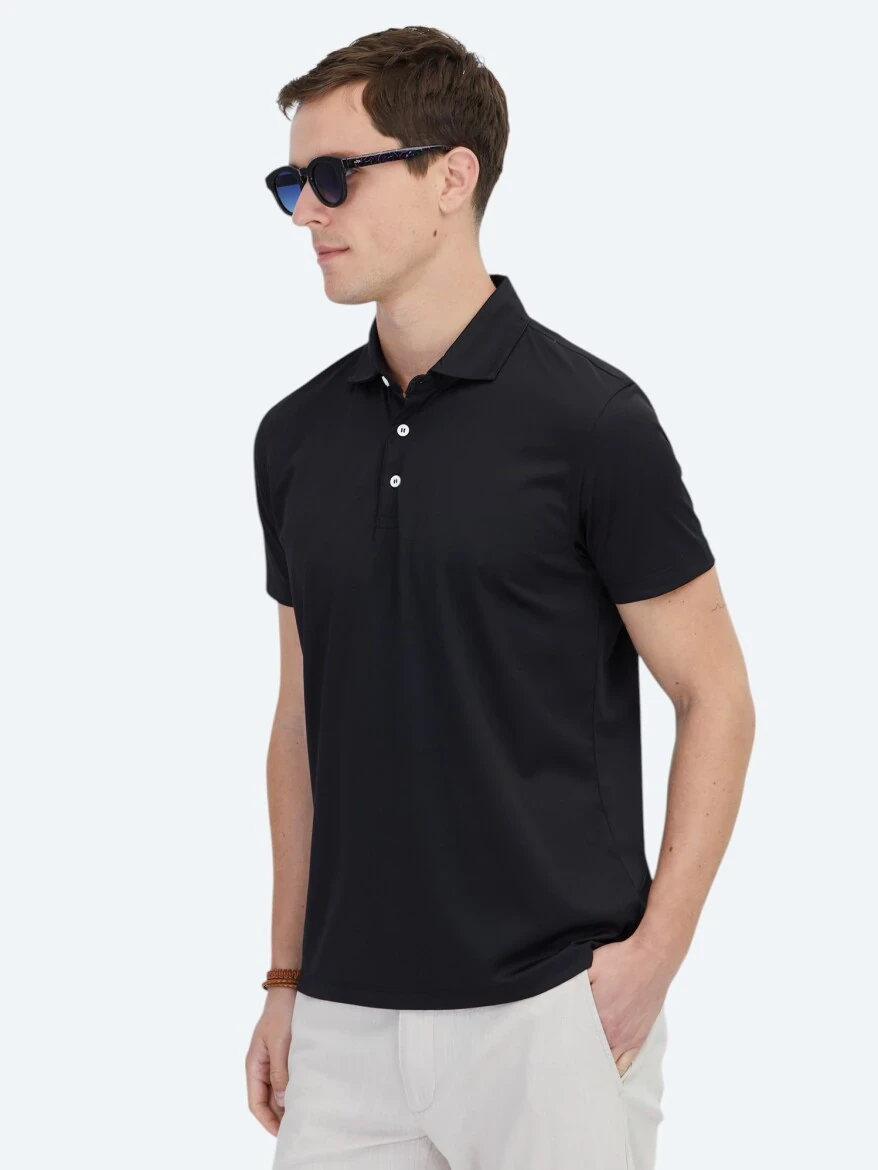 Siyah Polo Yaka Pamuk Karışımlı T-Shirt - 3