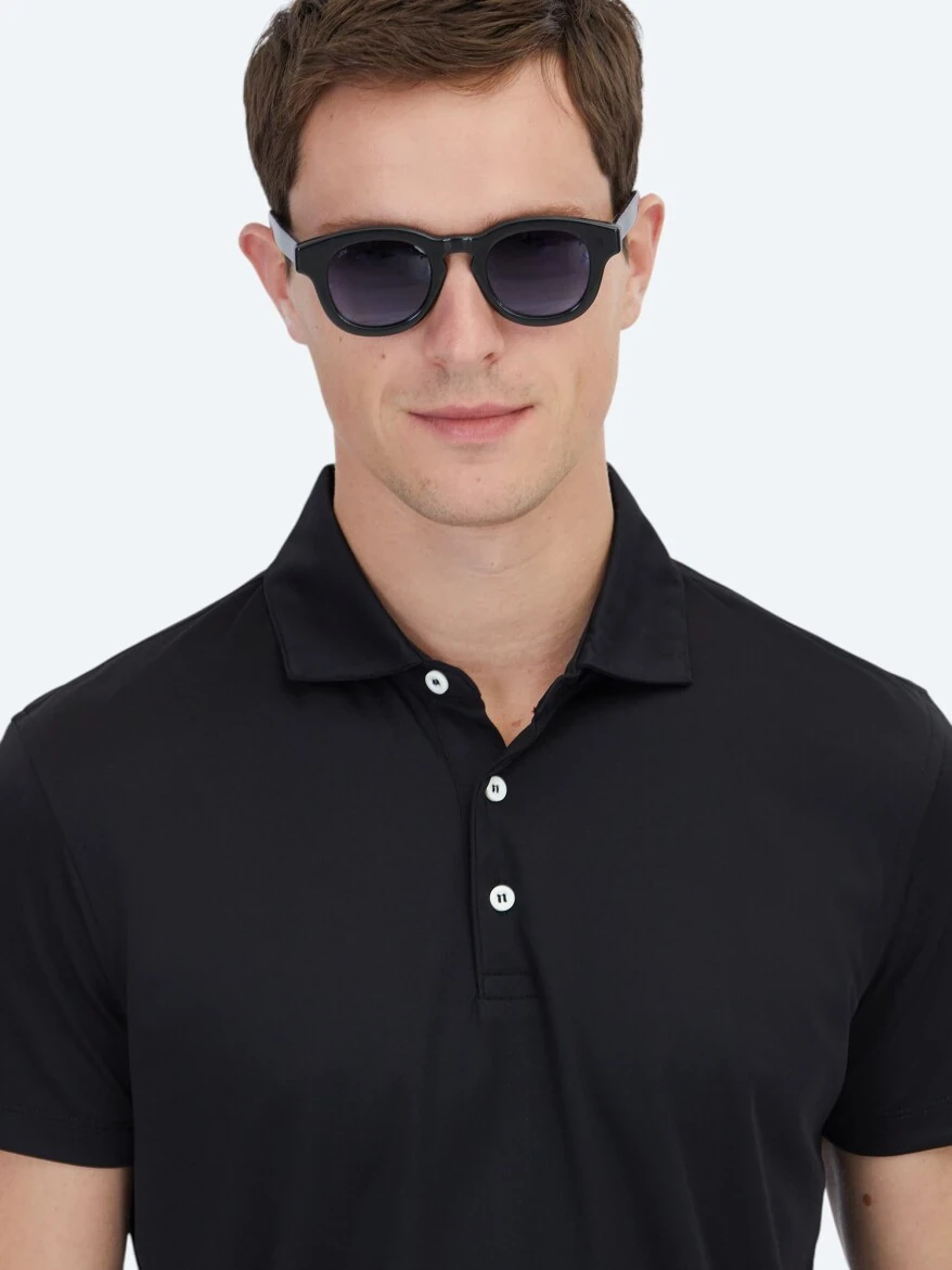 Siyah Polo Yaka Pamuk Karışımlı T-Shirt - 4