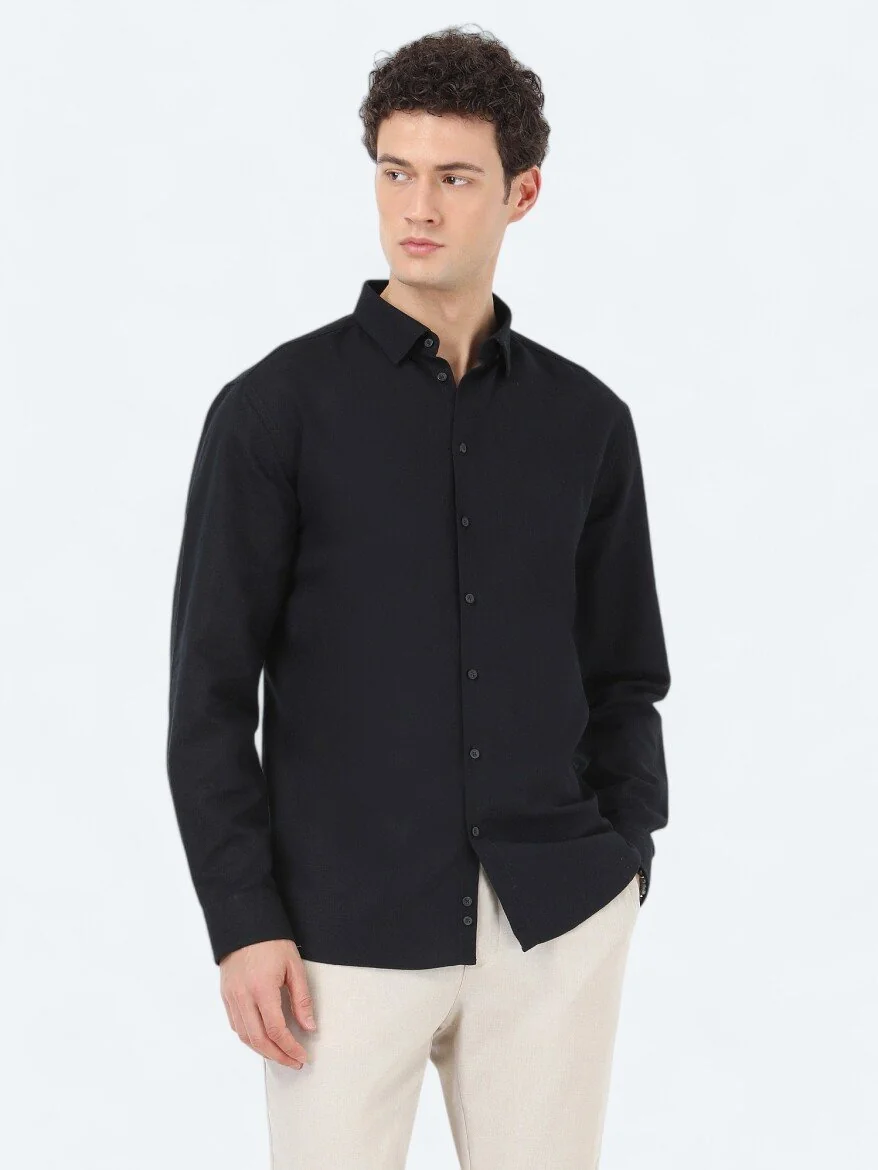 Siyah Regular Fit Dokuma Casual Pamuk Karışımlı Gömlek - 1