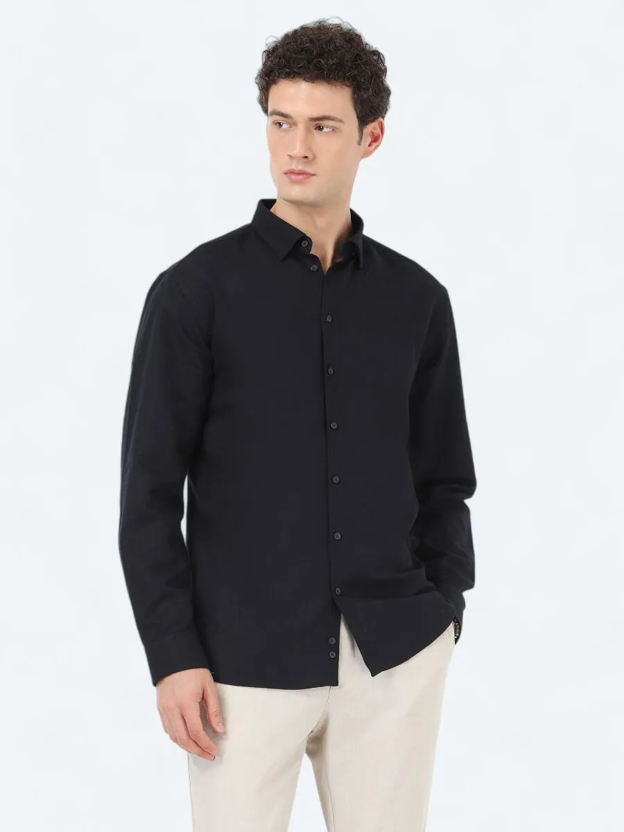 Siyah Regular Fit Dokuma Casual Pamuk Karışımlı Gömlek - 1