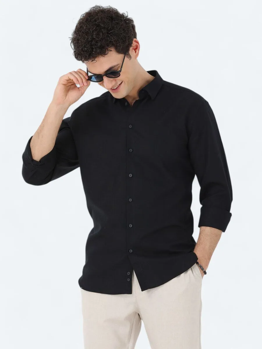 Siyah Regular Fit Dokuma Casual Pamuk Karışımlı Gömlek - 3