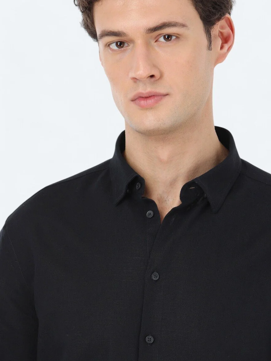 Siyah Regular Fit Dokuma Casual Pamuk Karışımlı Gömlek - 4
