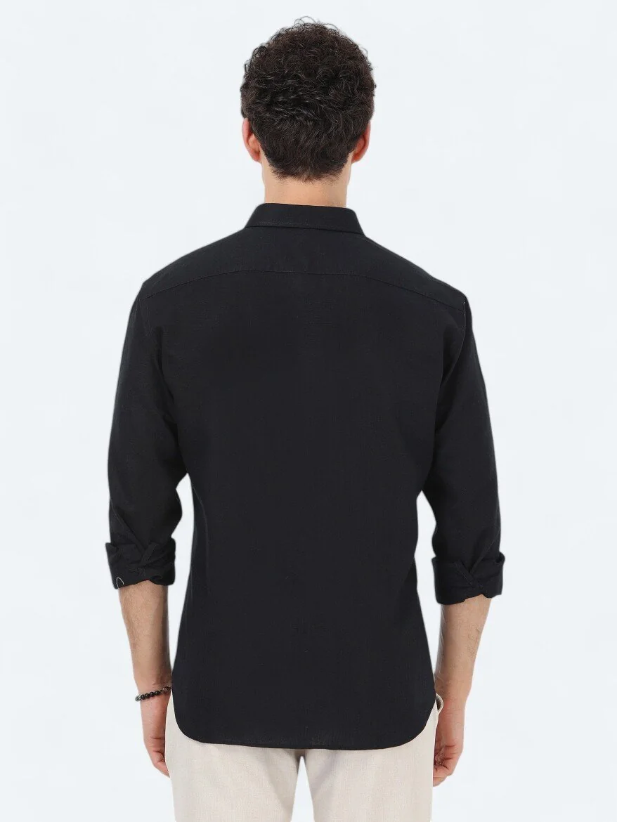 Siyah Regular Fit Dokuma Casual Pamuk Karışımlı Gömlek - 5