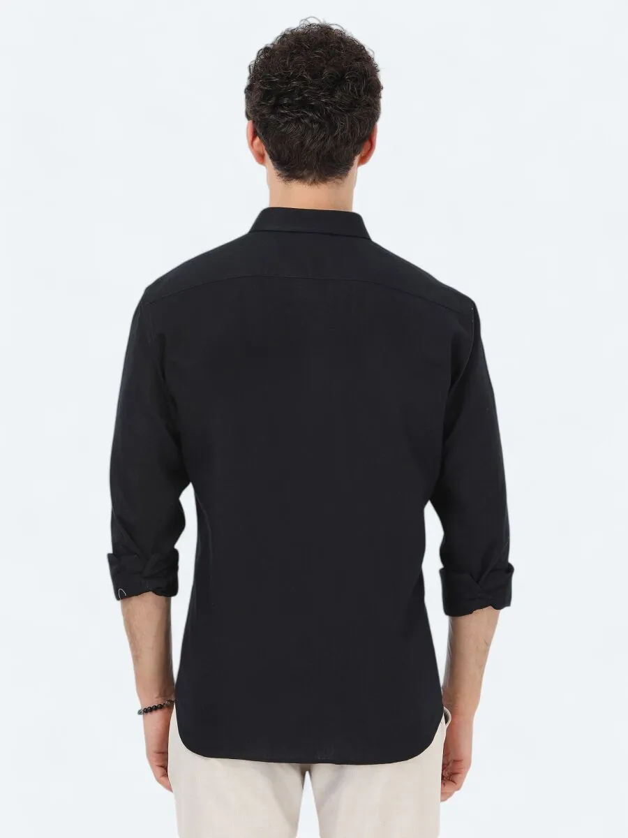 Siyah Regular Fit Dokuma Casual Pamuk Karışımlı Gömlek - 5