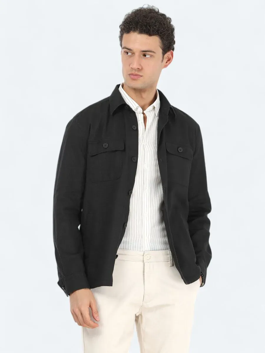 Siyah Regular Fit Dokuma Overshırt - 1