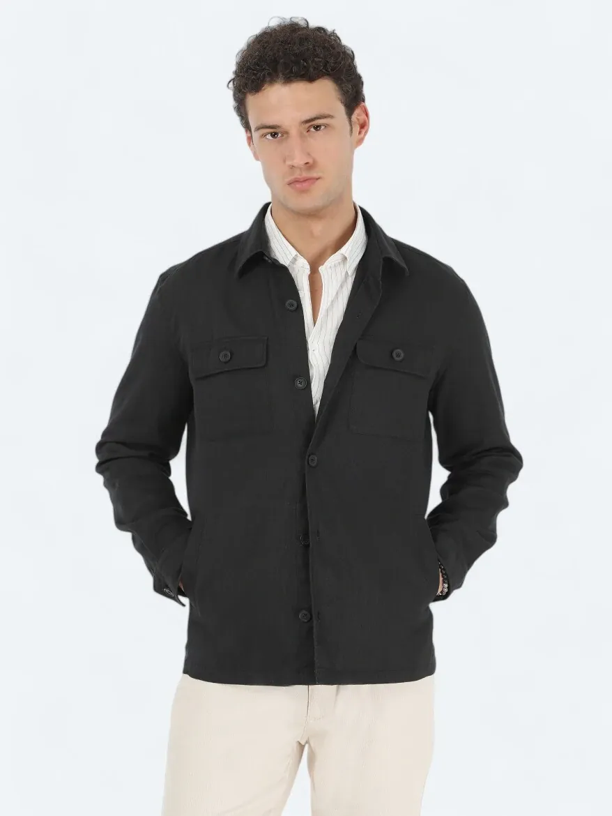 Siyah Regular Fit Dokuma Overshırt - 3