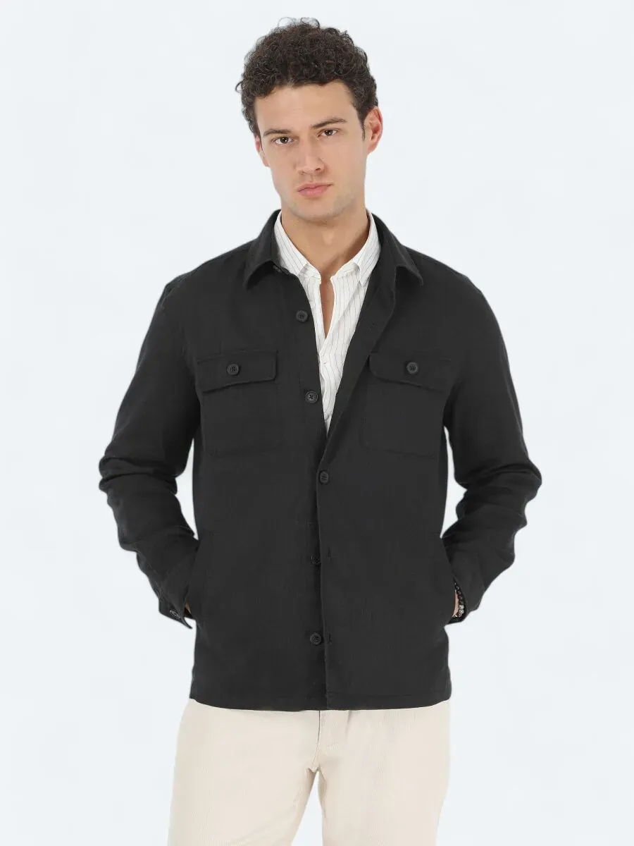 Siyah Regular Fit Dokuma Overshırt - 3