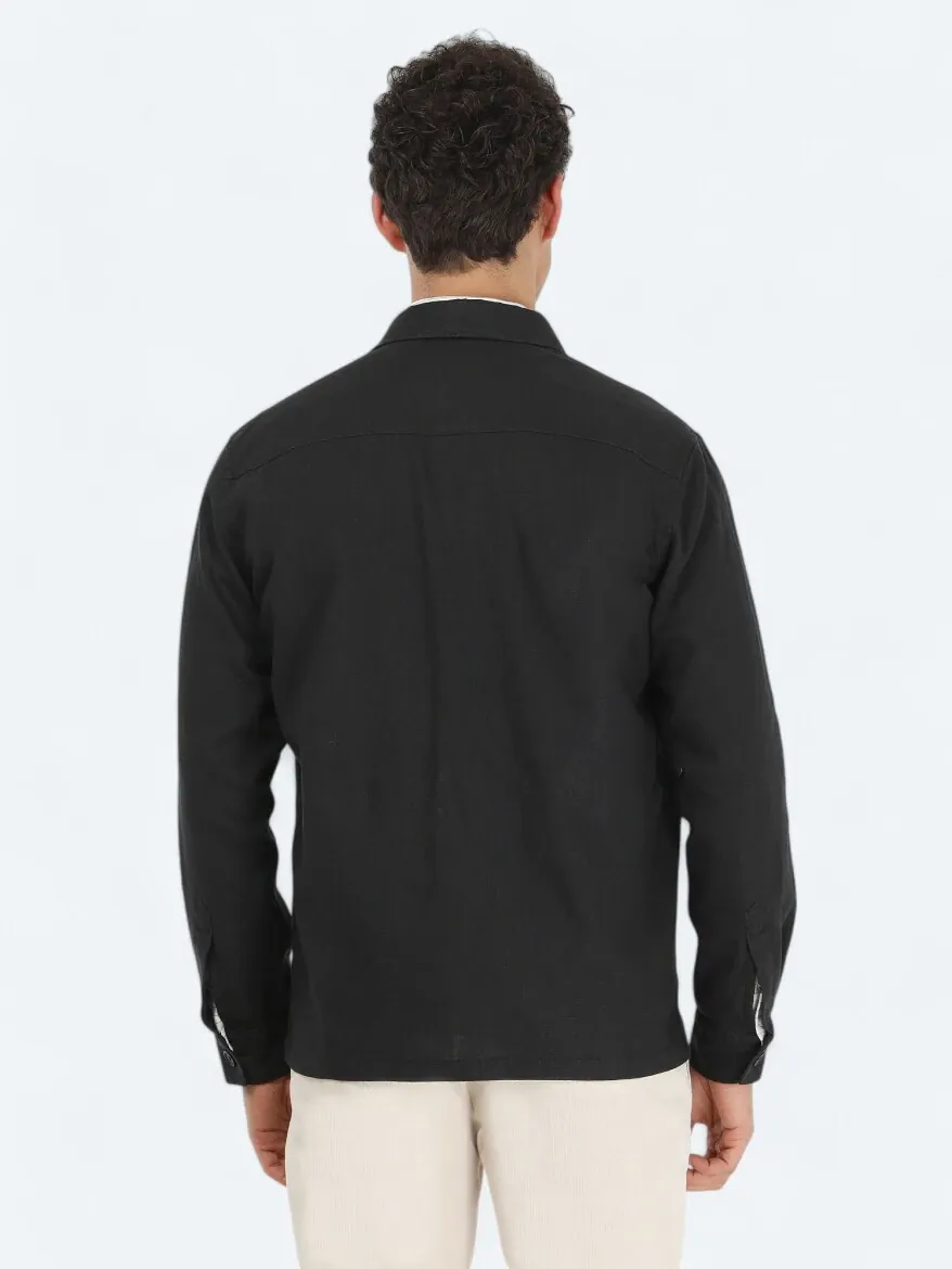 Siyah Regular Fit Dokuma Overshırt - 5
