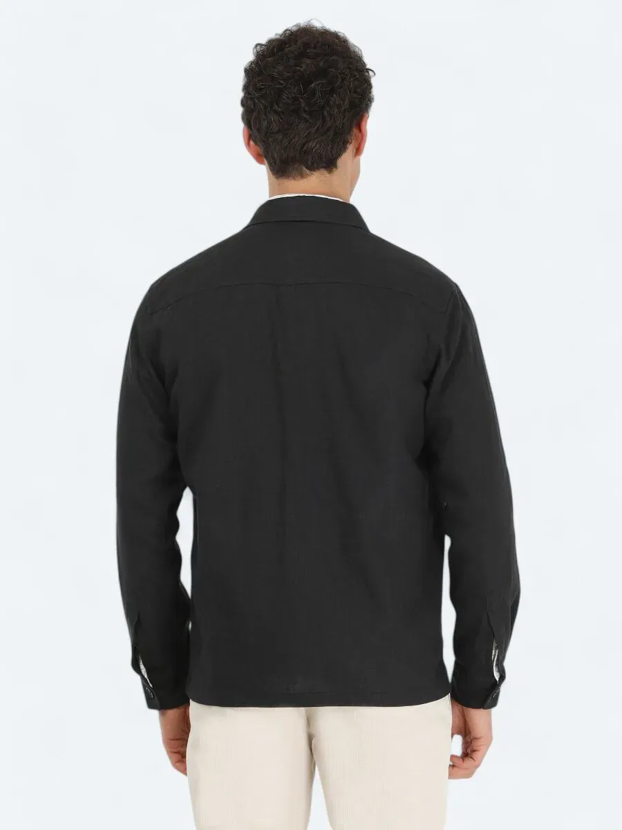 Siyah Regular Fit Dokuma Overshırt - 5