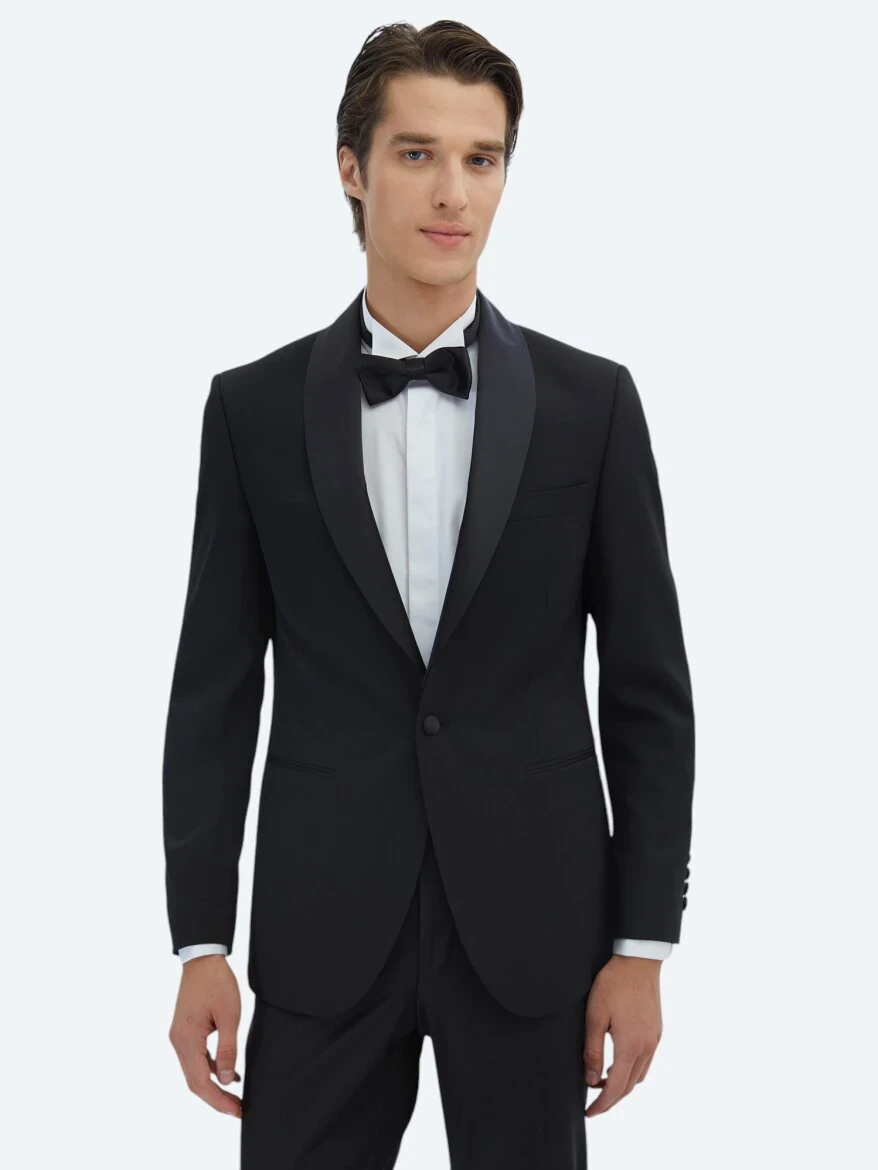 Siyah Slim Fit Çıkarılabilir Şal Yaka Dokuma Smokin Takım Elbise - 1