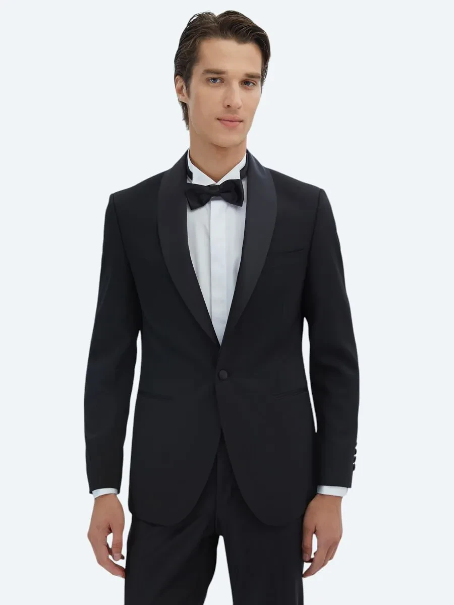 Siyah Slim Fit Çıkarılabilir Şal Yaka Dokuma Smokin Takım Elbise - 1