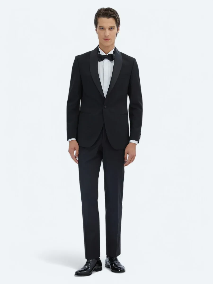 Siyah Slim Fit Çıkarılabilir Şal Yaka Dokuma Smokin Takım Elbise - 2