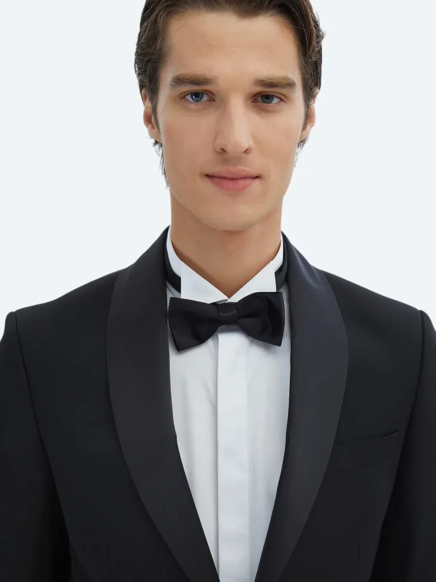 Siyah Slim Fit Çıkarılabilir Şal Yaka Dokuma Smokin Takım Elbise - 3