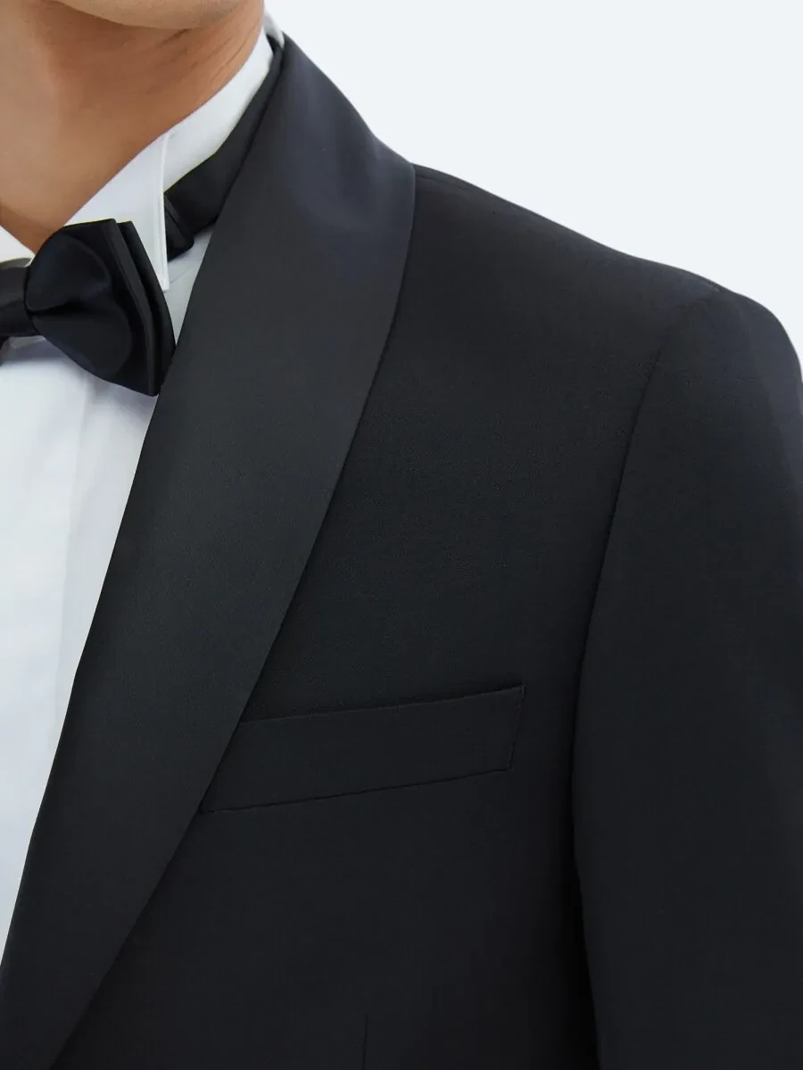 Siyah Slim Fit Çıkarılabilir Şal Yaka Dokuma Smokin Takım Elbise - 4