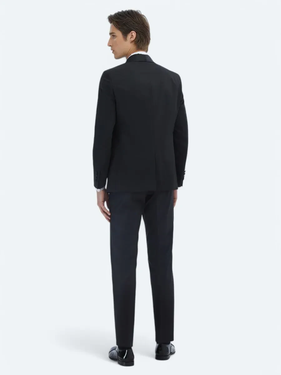 Siyah Slim Fit Çıkarılabilir Şal Yaka Dokuma Smokin Takım Elbise - 5