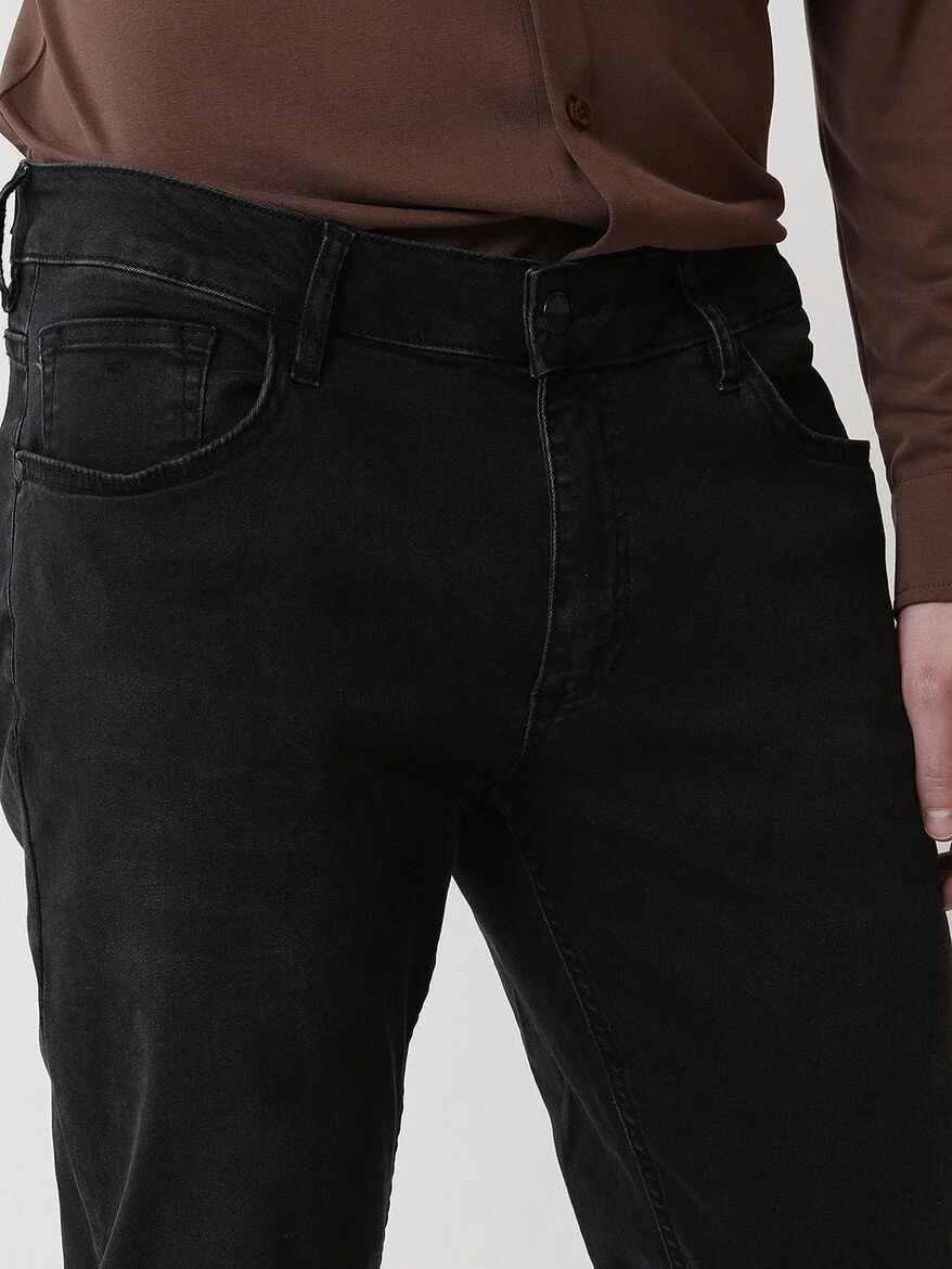 Siyah Slim Fit Denim Pamuk Karışımlı Pantolon - 3