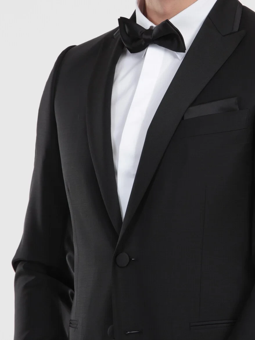 Siyah Slim Fit Kelebek Yaka Dokuma Smokin Takım Elbise - 1