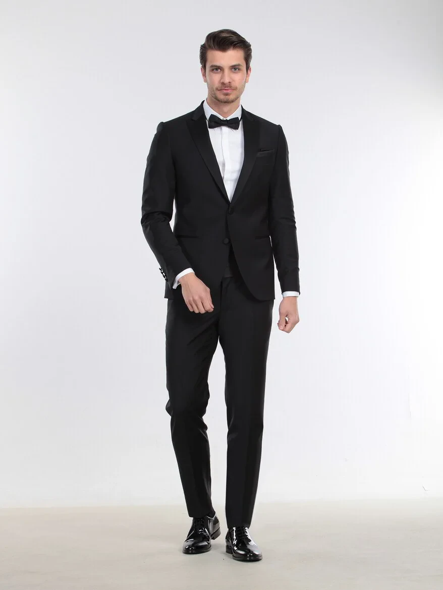 Siyah Slim Fit Kelebek Yaka Dokuma Smokin Takım Elbise - 2