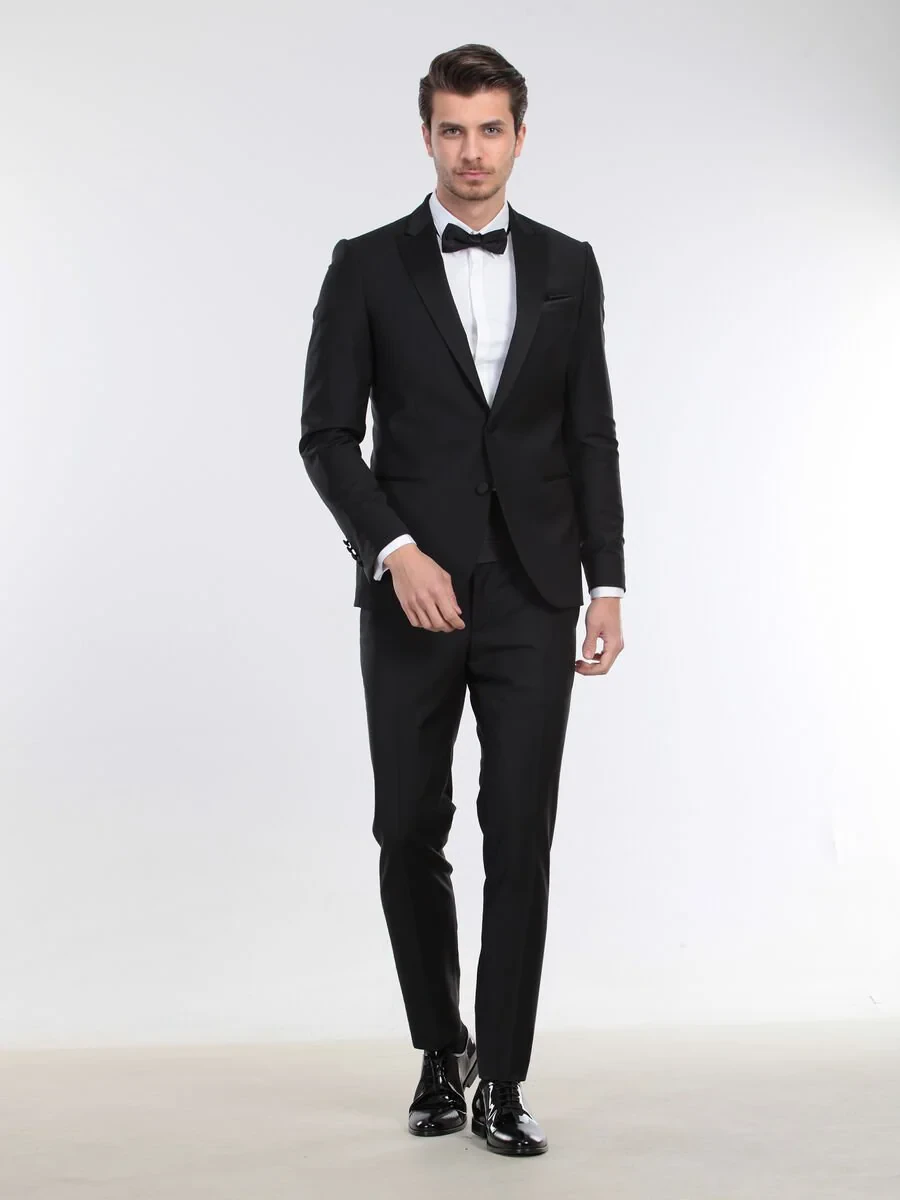 Siyah Slim Fit Kelebek Yaka Dokuma Smokin Takım Elbise - 3