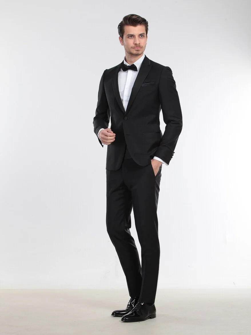 Siyah Slim Fit Kelebek Yaka Dokuma Smokin Takım Elbise - 4