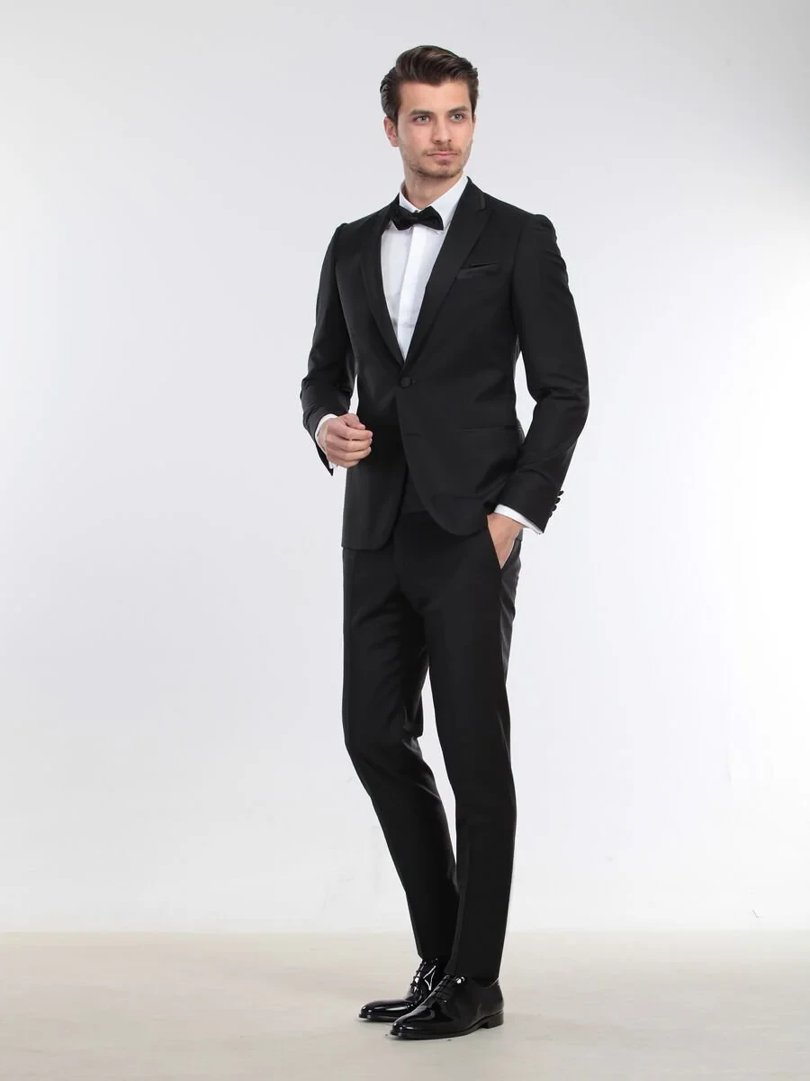 Siyah Slim Fit Kelebek Yaka Dokuma Smokin Takım Elbise - 4