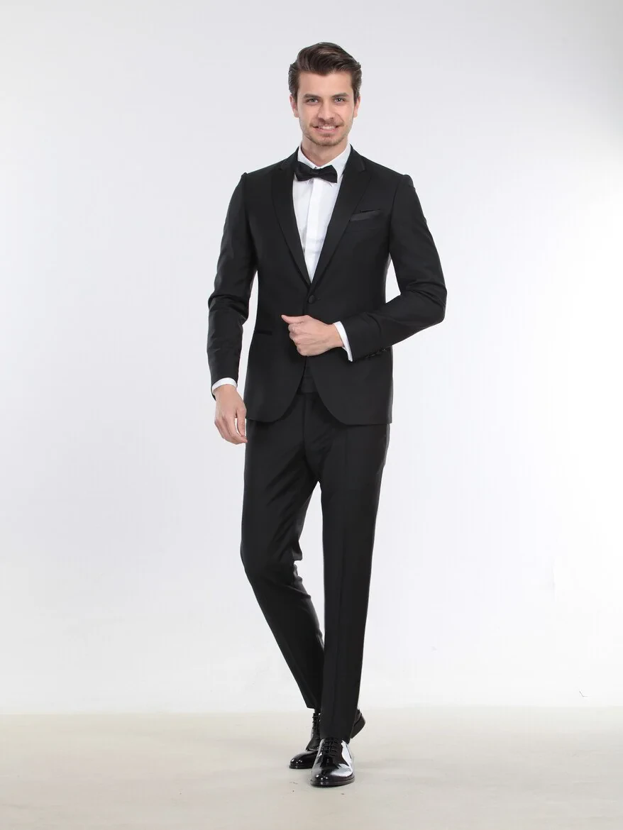 Siyah Slim Fit Kelebek Yaka Dokuma Smokin Takım Elbise - 5