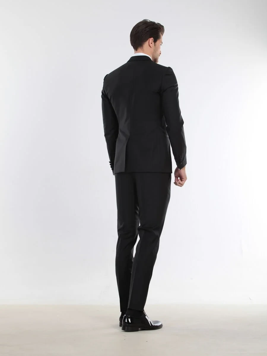 Siyah Slim Fit Kelebek Yaka Dokuma Smokin Takım Elbise - 6