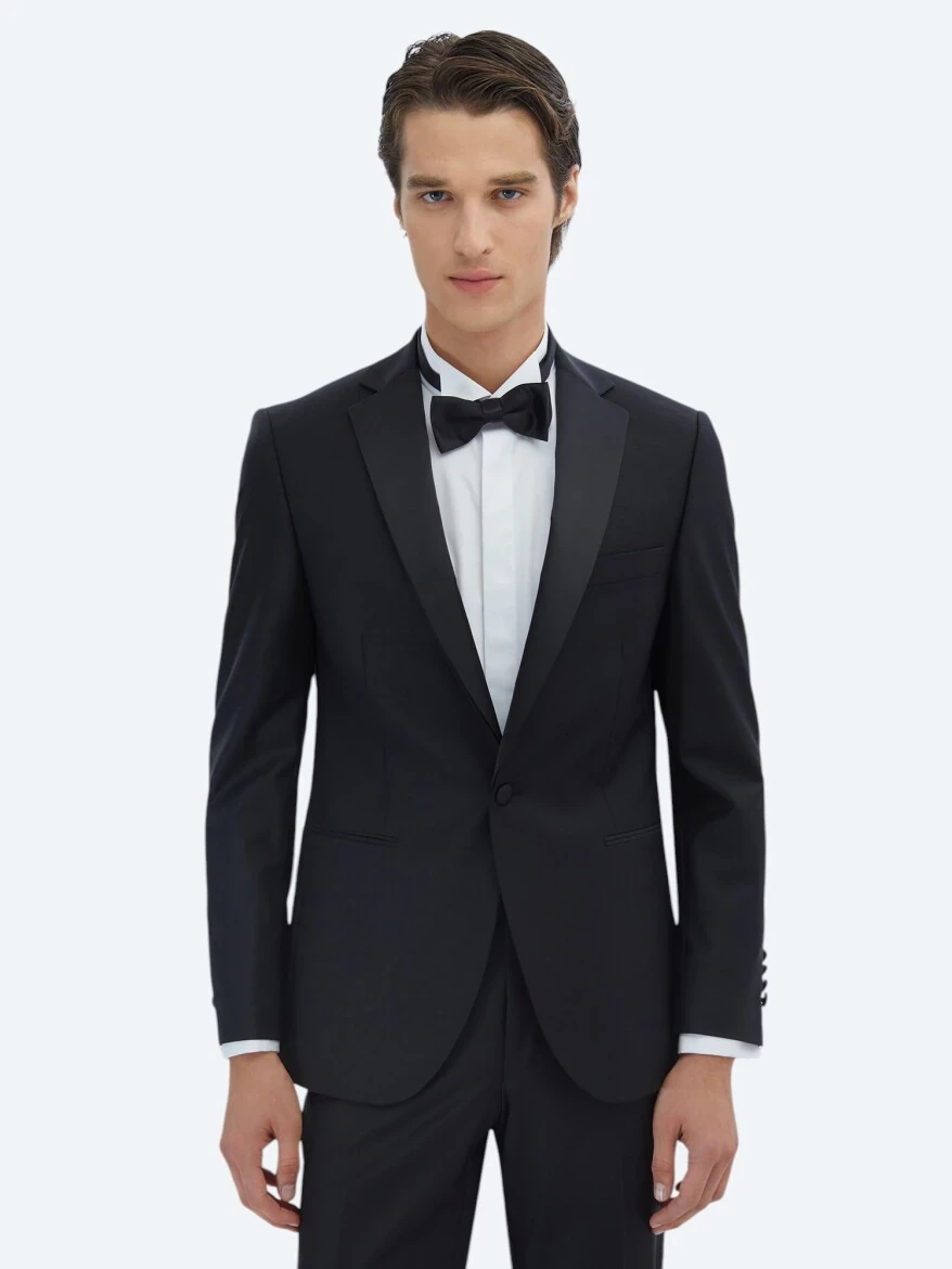 Siyah Slim Fit Kelebek Yaka Dokuma Smokin Takım Elbise - 1