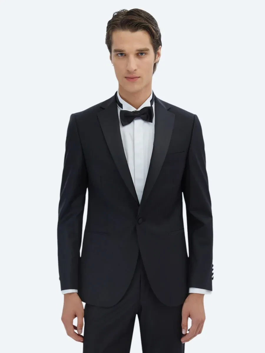 Siyah Slim Fit Kelebek Yaka Dokuma Smokin Takım Elbise - 1