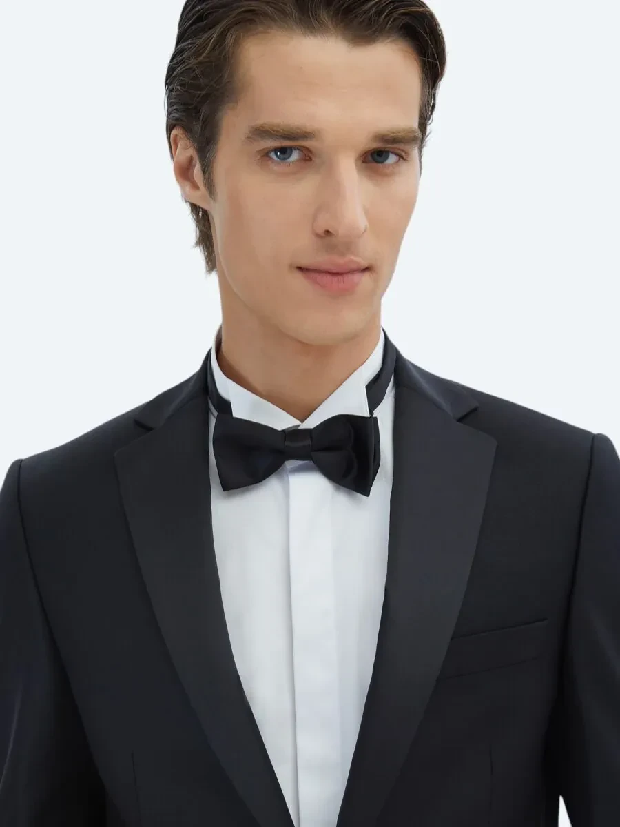 Siyah Slim Fit Kelebek Yaka Dokuma Smokin Takım Elbise - 3