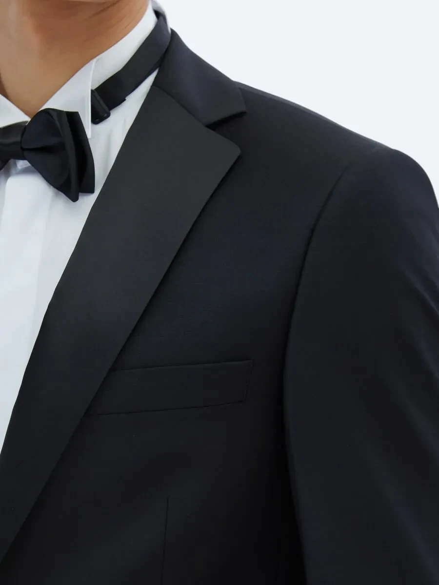 Siyah Slim Fit Kelebek Yaka Dokuma Smokin Takım Elbise - 4